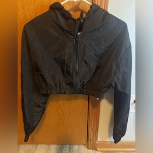 Love Culture Daisy SMALL crop black windbreaker zip up with hood NWT